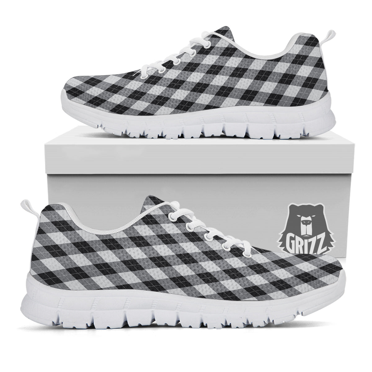 Argyle Dark Grey Print Pattern White Sneaker-grizzshop