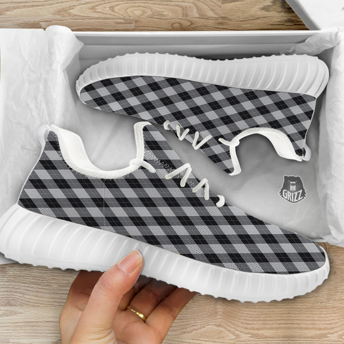 Argyle Dark Grey Print Pattern White Walking Shoes-grizzshop