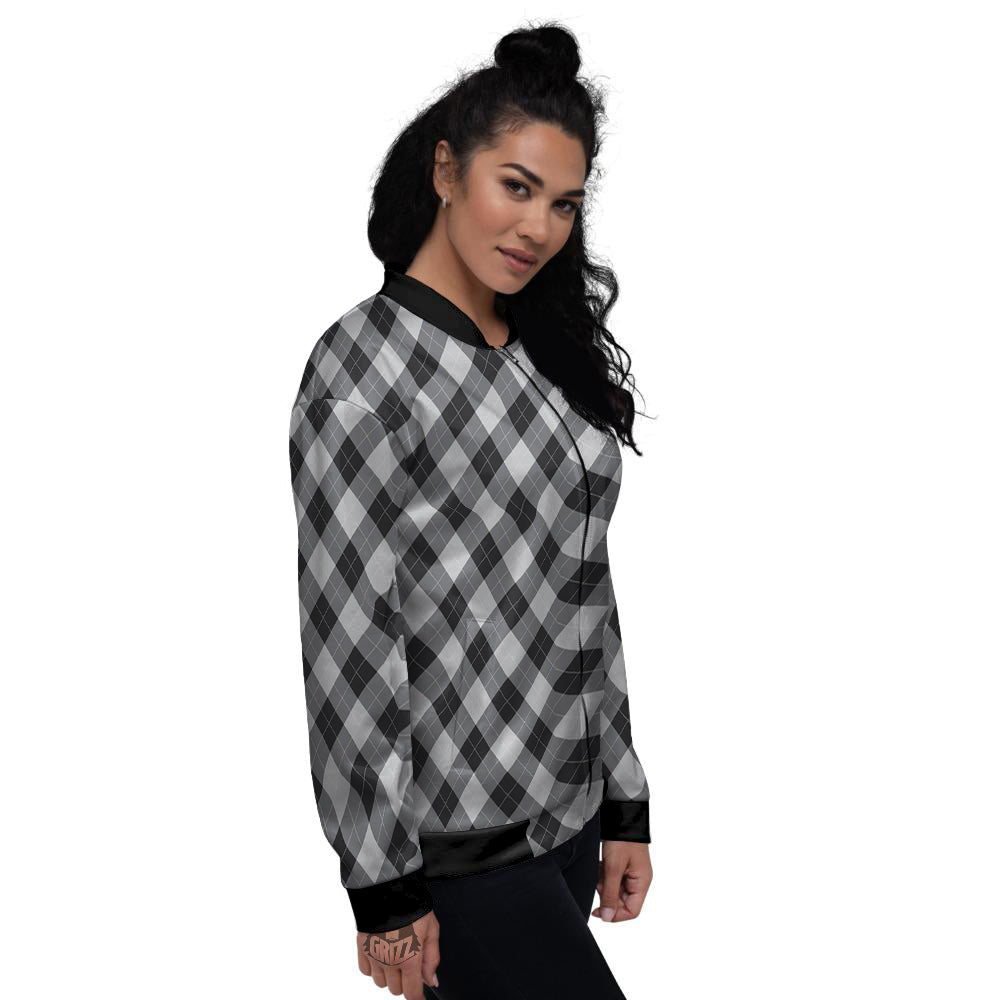 Argyle Dark Grey Print Pattern Women's Bomber Jacket-grizzshop