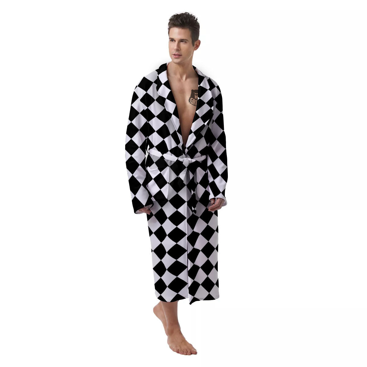 Argyle Diamond Shapes Black And White Print Pattern Men's Robe-grizzshop