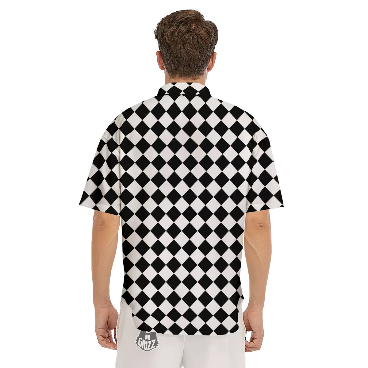 Argyle Diamond Shapes Black And White Print Pattern Men's Short Sleeve Shirts-grizzshop