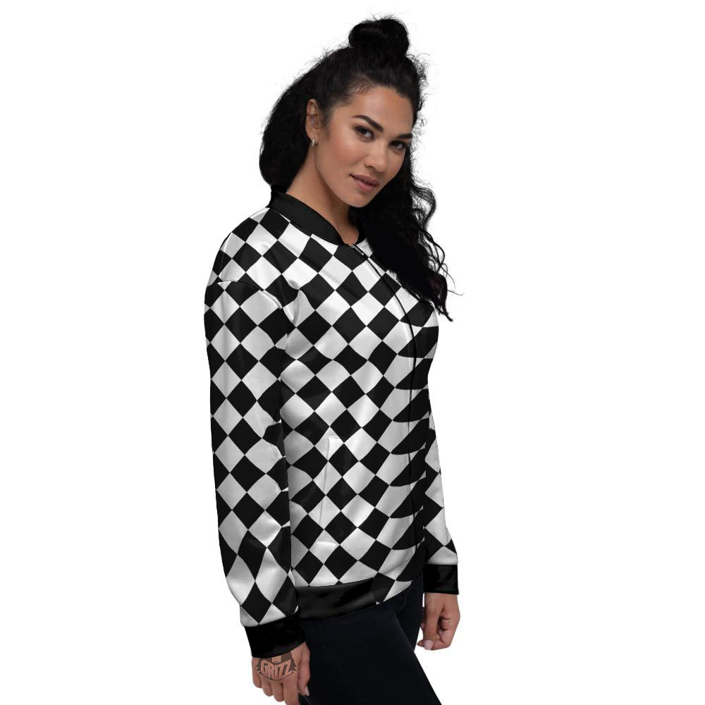 Argyle Diamond Shapes Black And White Print Pattern Women's Bomber Jacket-grizzshop