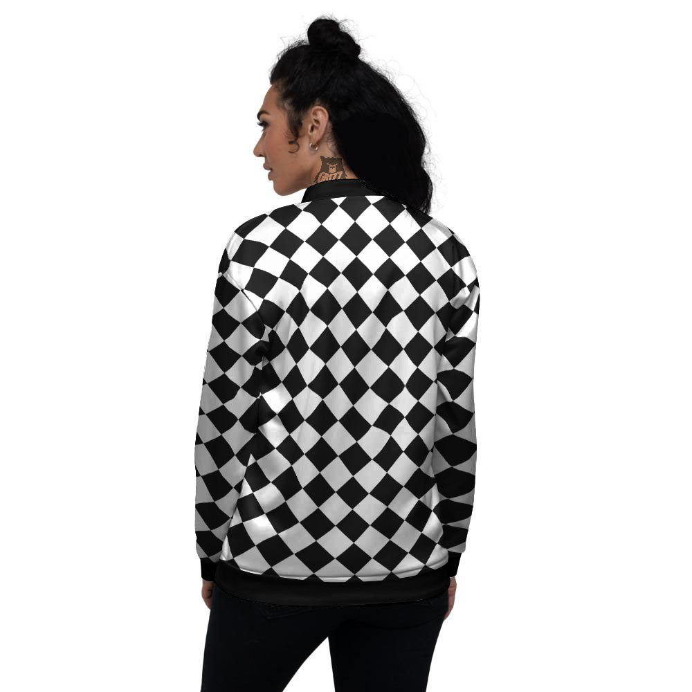 Argyle Diamond Shapes Black And White Print Pattern Women's Bomber Jacket-grizzshop