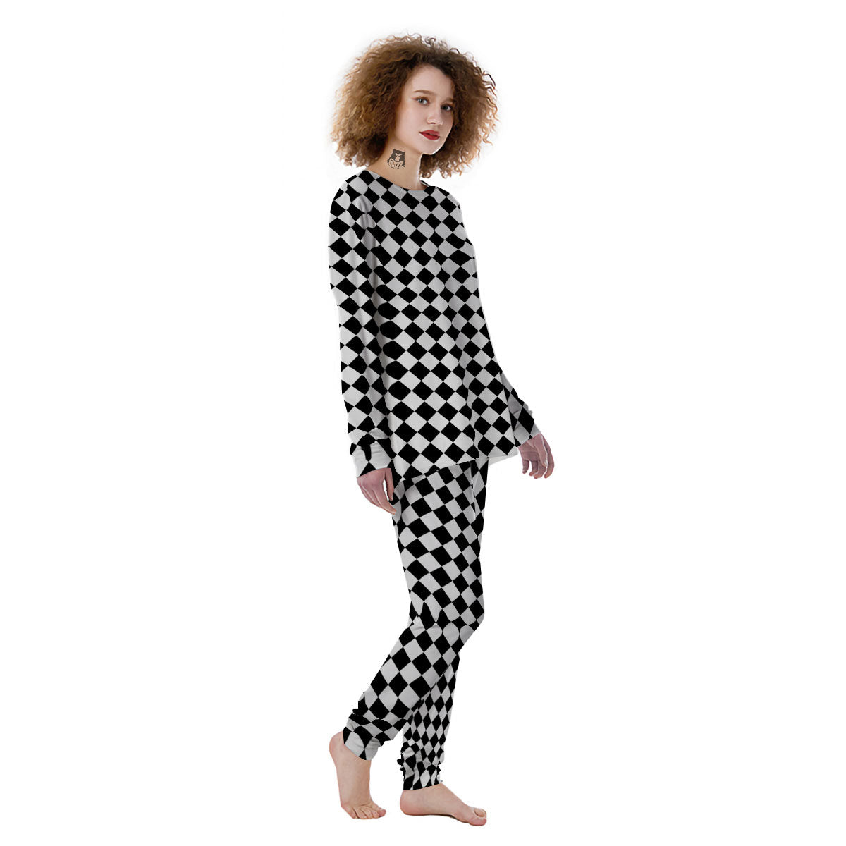 Argyle Diamond Shapes Black And White Print Pattern Women's Pajamas-grizzshop