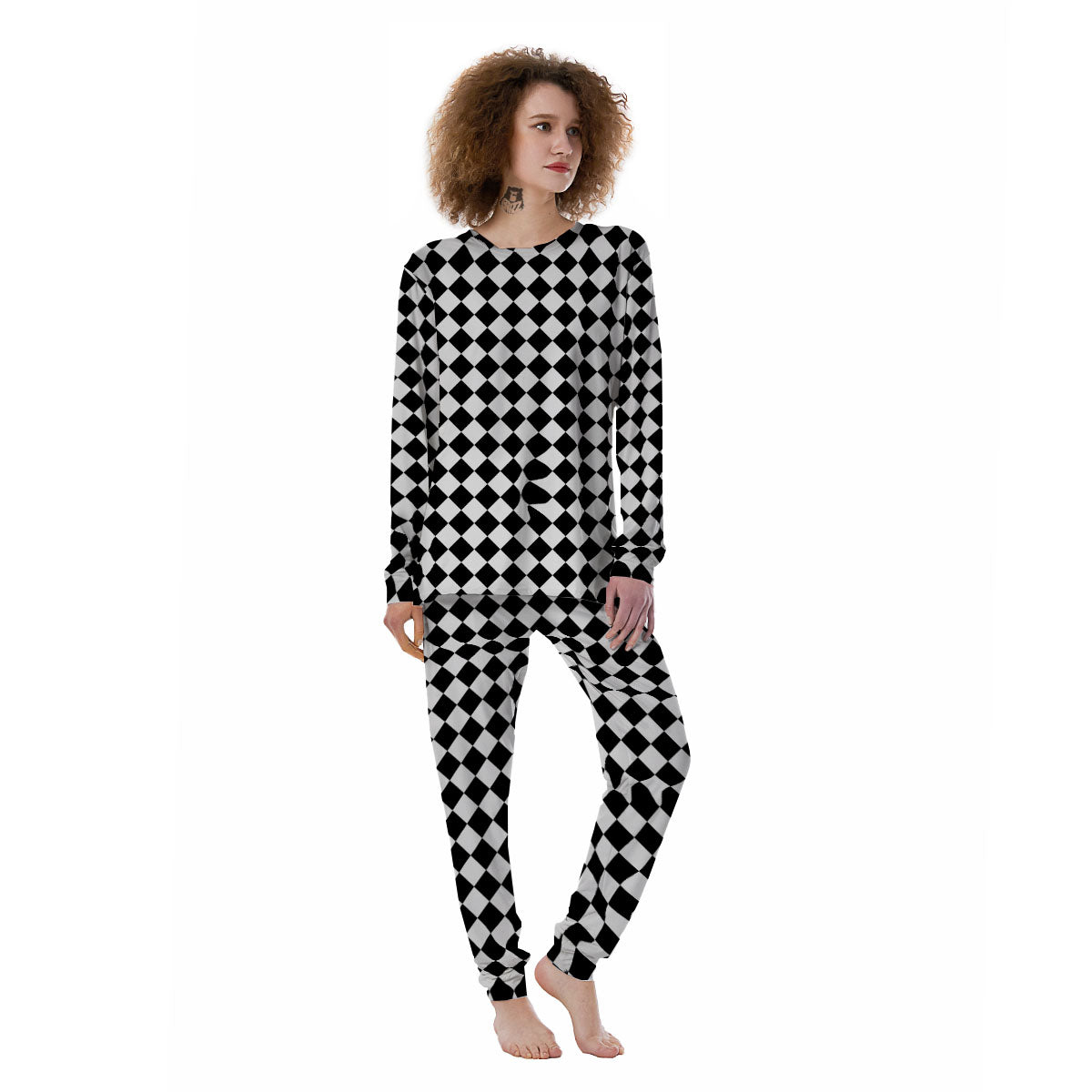 Argyle Diamond Shapes Black And White Print Pattern Women's Pajamas-grizzshop