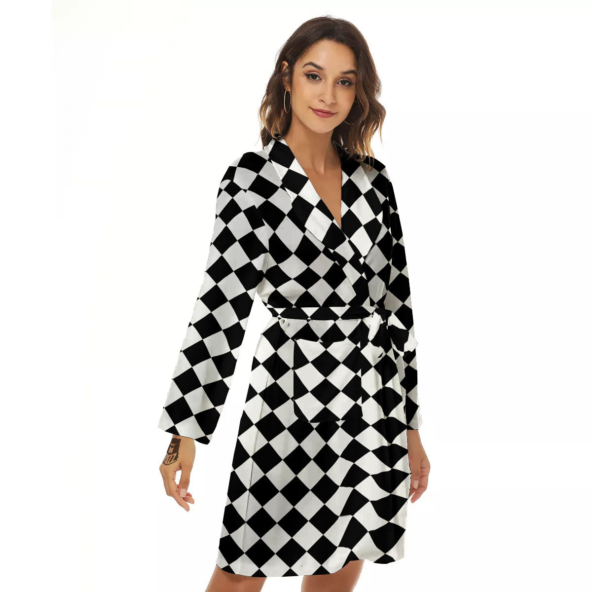 Argyle Diamond Shapes Black And White Print Pattern Women's Robe-grizzshop