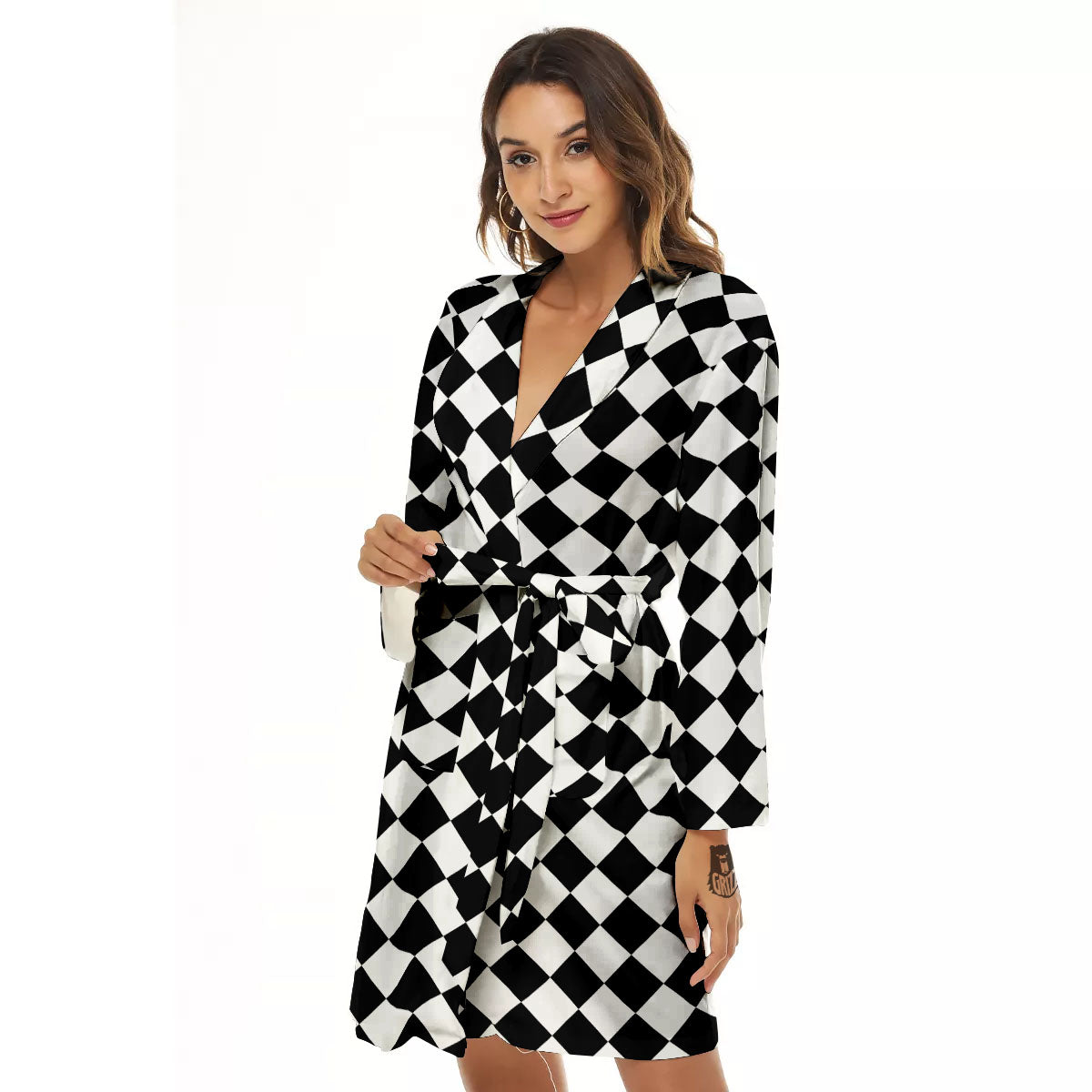 Argyle Diamond Shapes Black And White Print Pattern Women's Robe-grizzshop