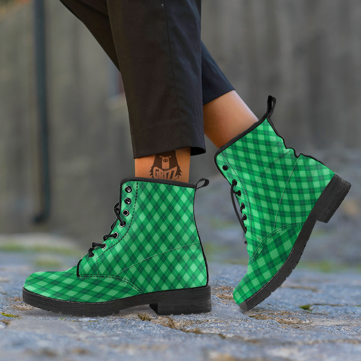 Argyle Forest Green Print Pattern Leather Boots-grizzshop
