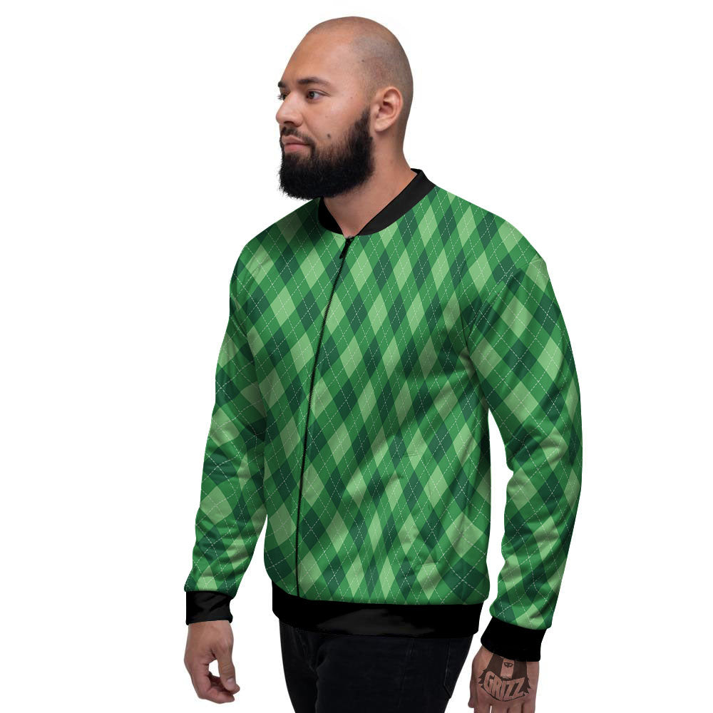 Argyle Forest Green Print Pattern Men's Bomber Jacket-grizzshop