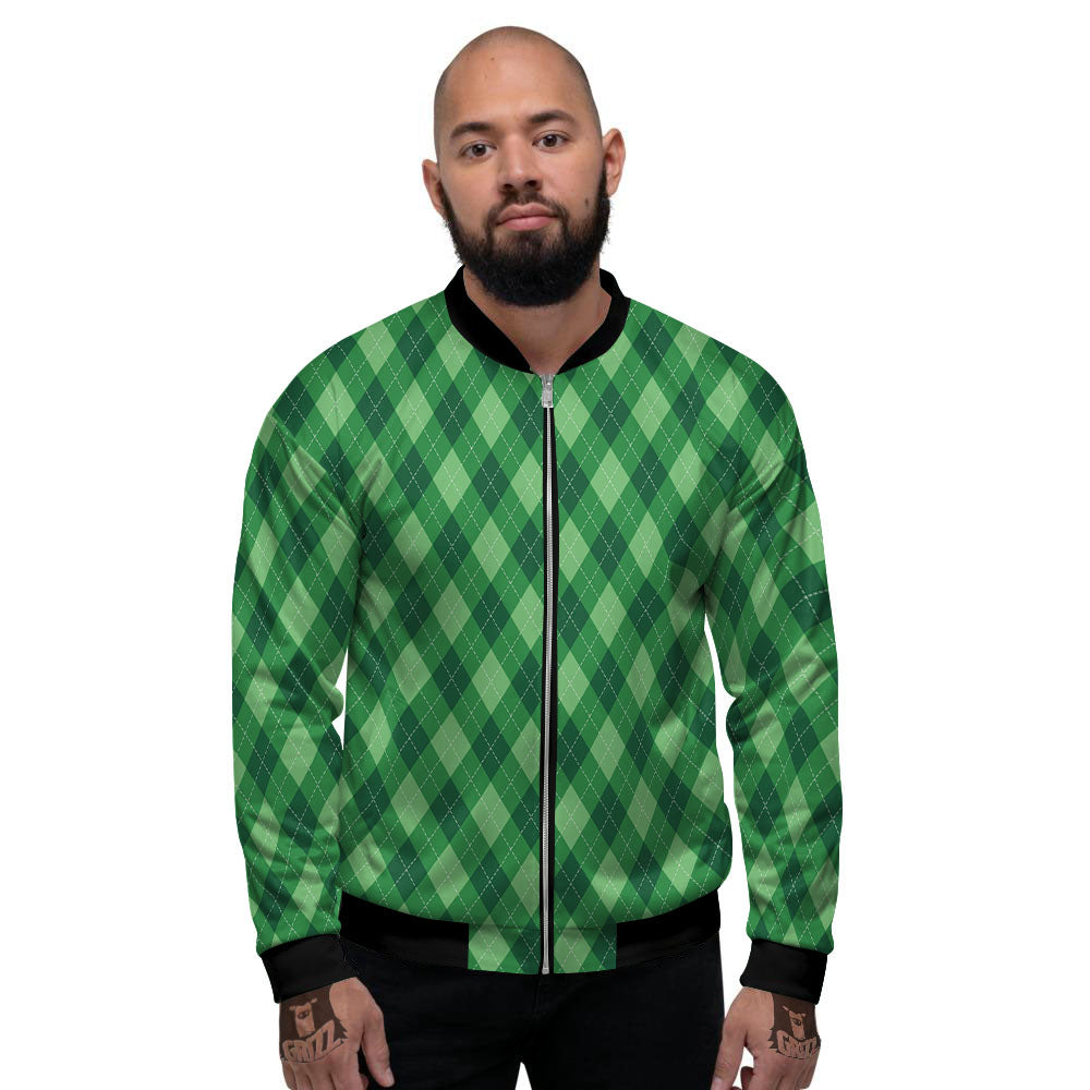 Argyle Forest Green Print Pattern Men's Bomber Jacket-grizzshop