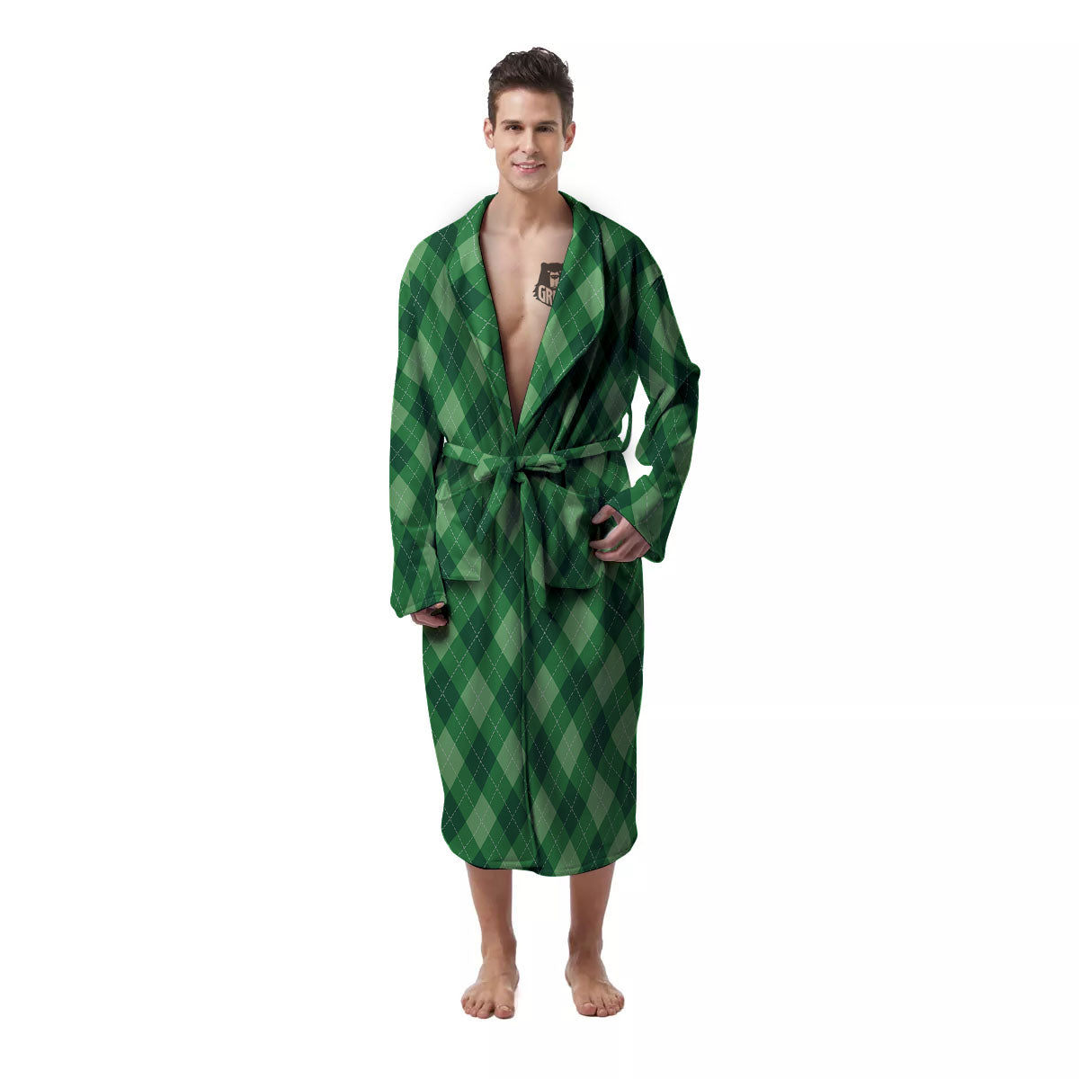 Argyle Forest Green Print Pattern Men's Robe-grizzshop