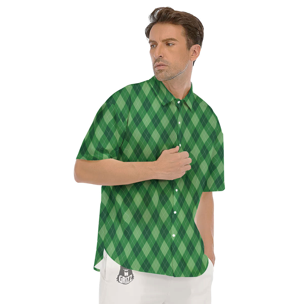 Argyle Forest Green Print Pattern Men's Short Sleeve Shirts-grizzshop