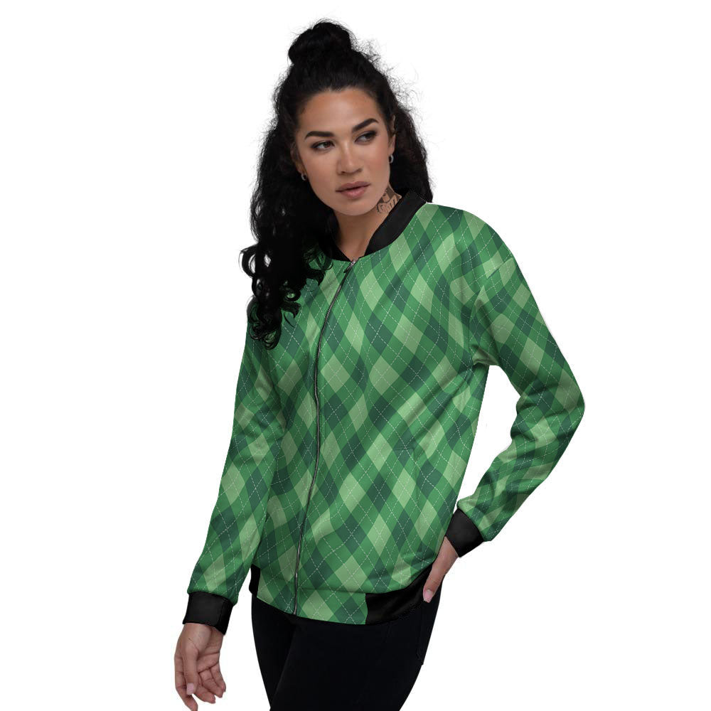 Argyle Forest Green Print Pattern Women's Bomber Jacket-grizzshop