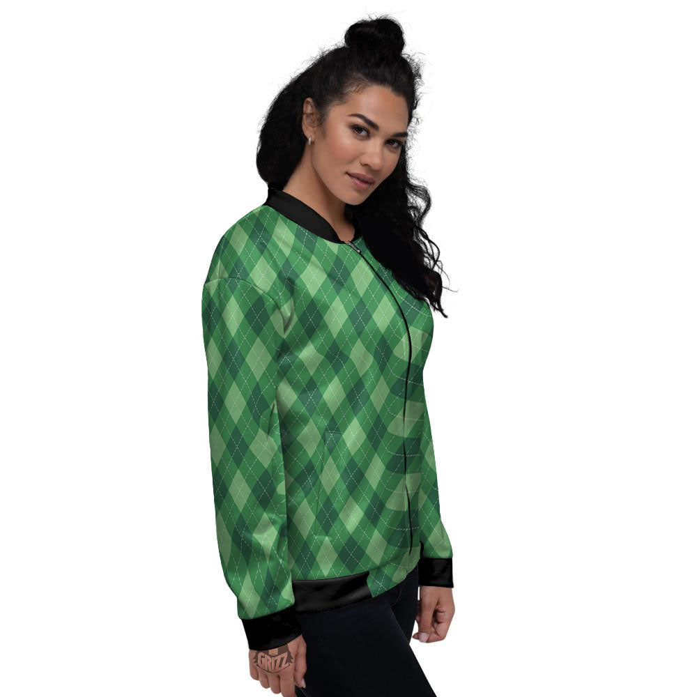 Argyle Forest Green Print Pattern Women's Bomber Jacket-grizzshop