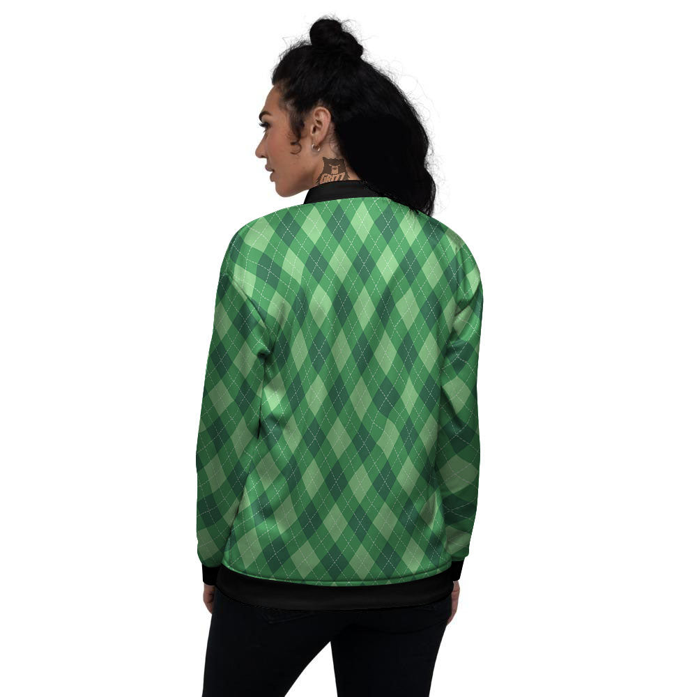 Argyle Forest Green Print Pattern Women's Bomber Jacket-grizzshop