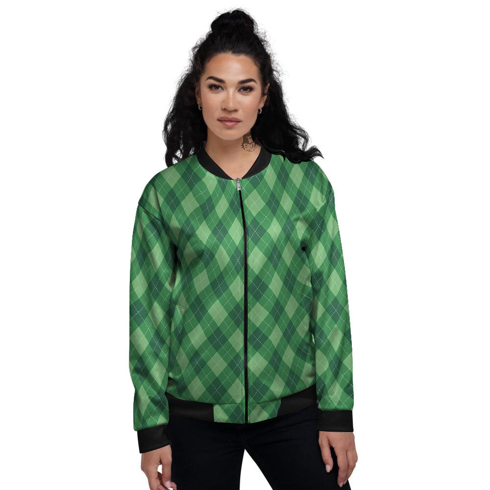 Argyle Forest Green Print Pattern Women's Bomber Jacket-grizzshop