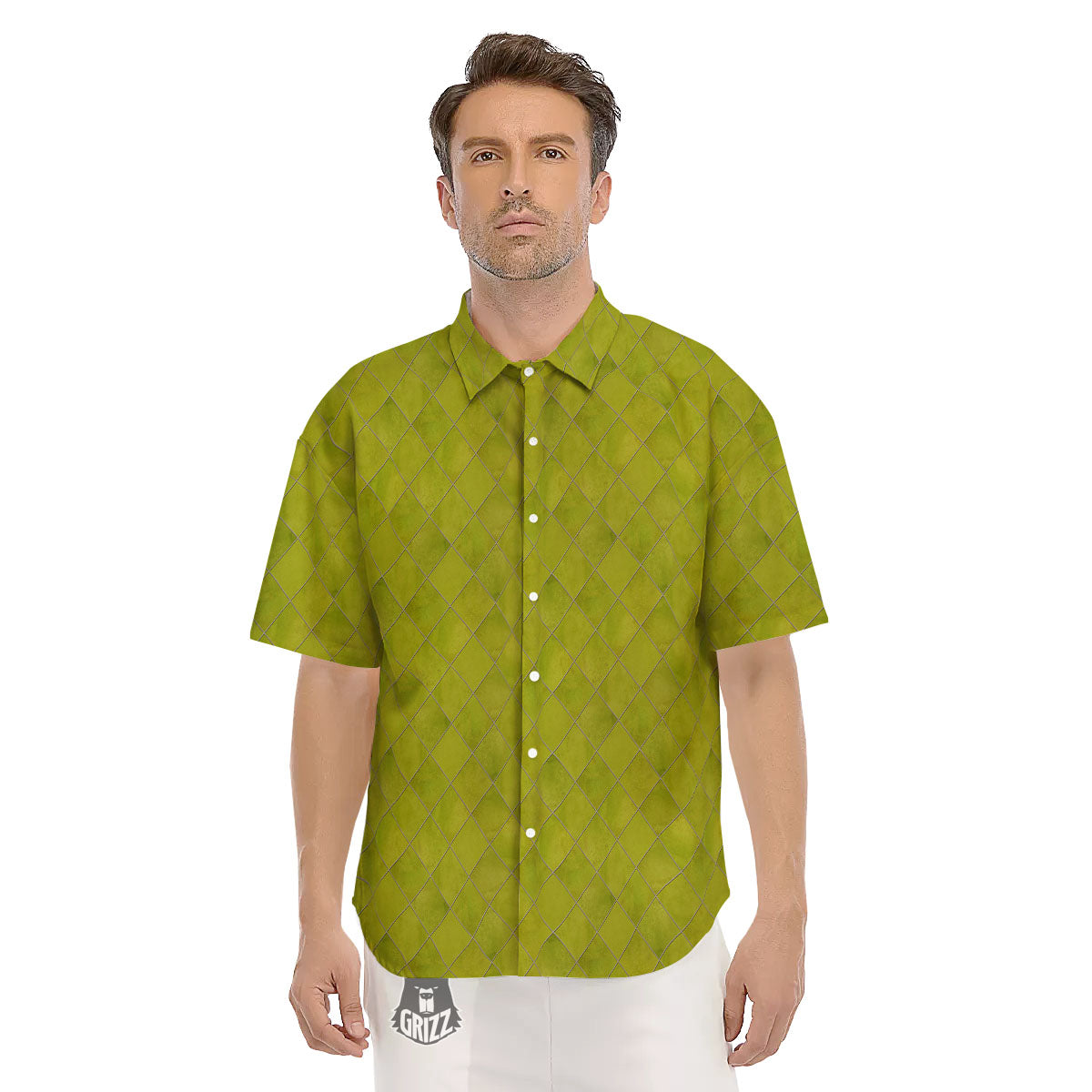 Argyle Grass Green Print Pattern Men's Short Sleeve Shirts-grizzshop