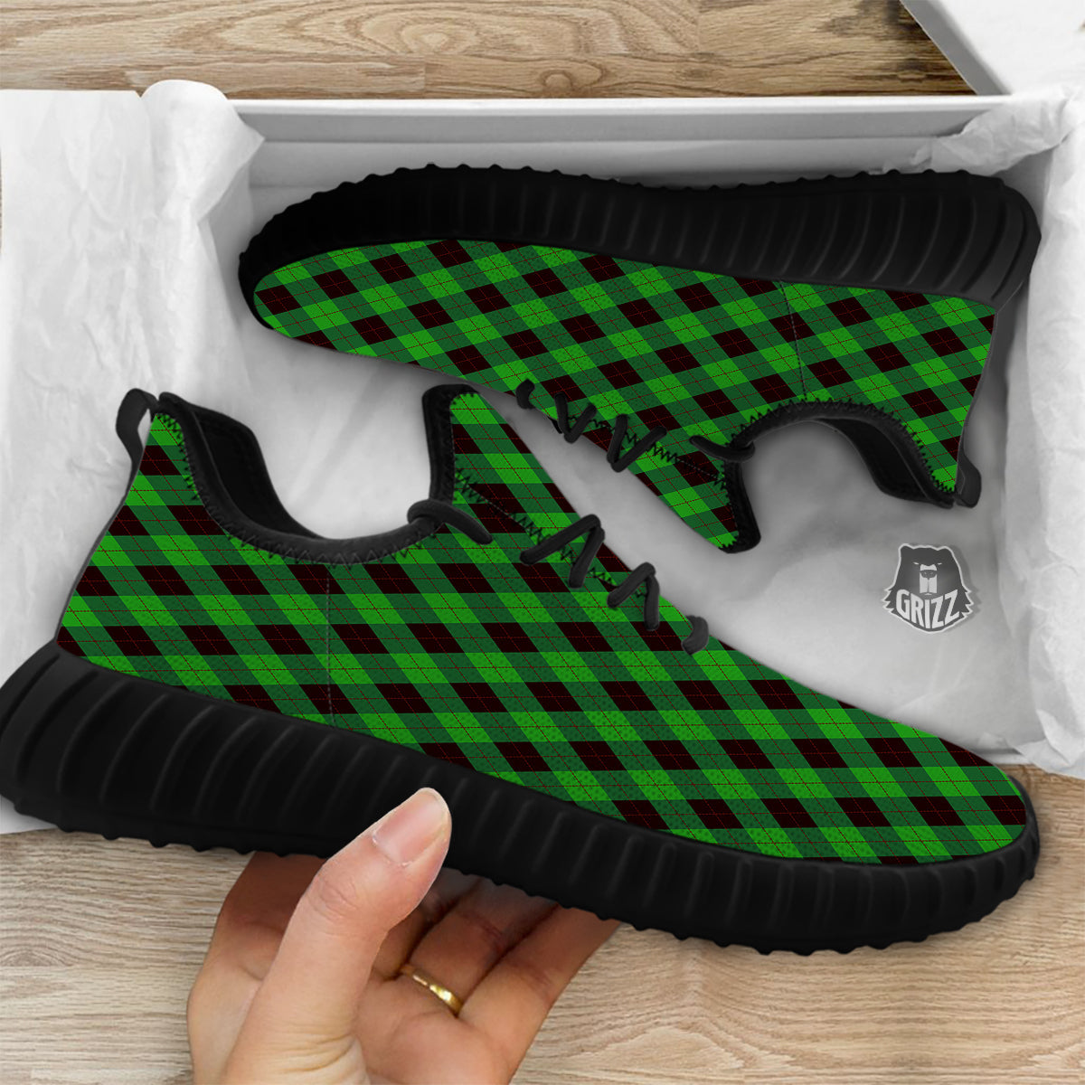 Argyle Green And Black Print Pattern Black Walking Shoes-grizzshop
