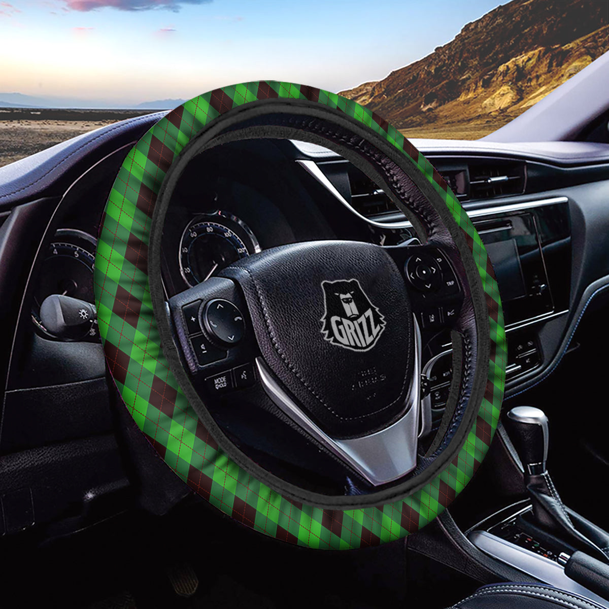 Argyle Green And Black Print Pattern Car Steering Wheel Cover-grizzshop