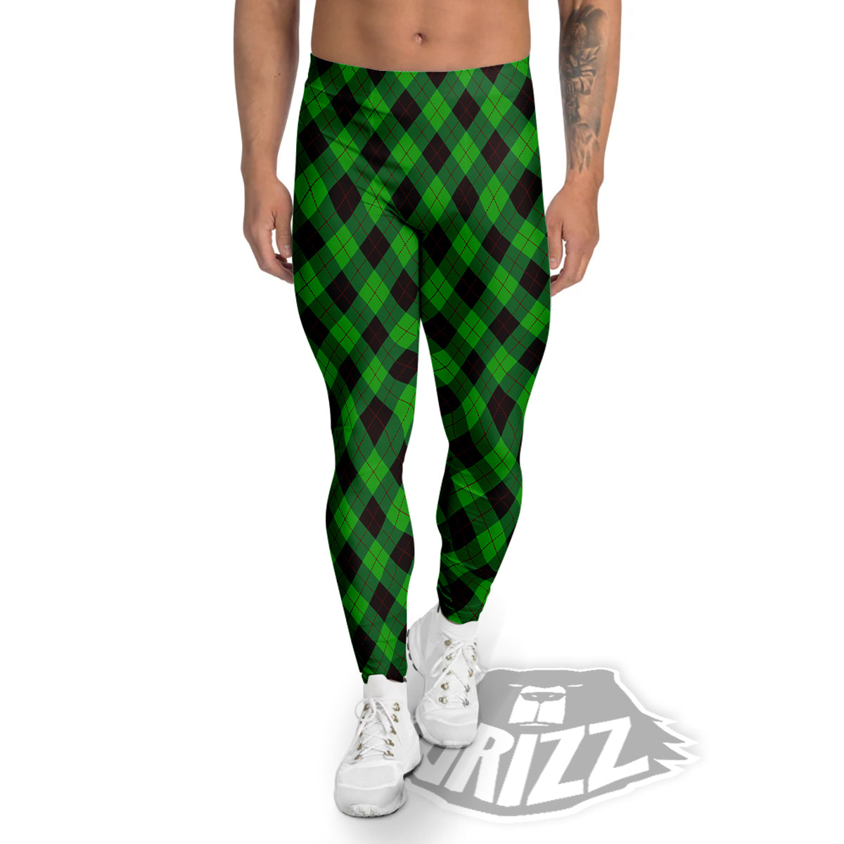 Argyle Green And Black Print Pattern Men's Leggings-grizzshop