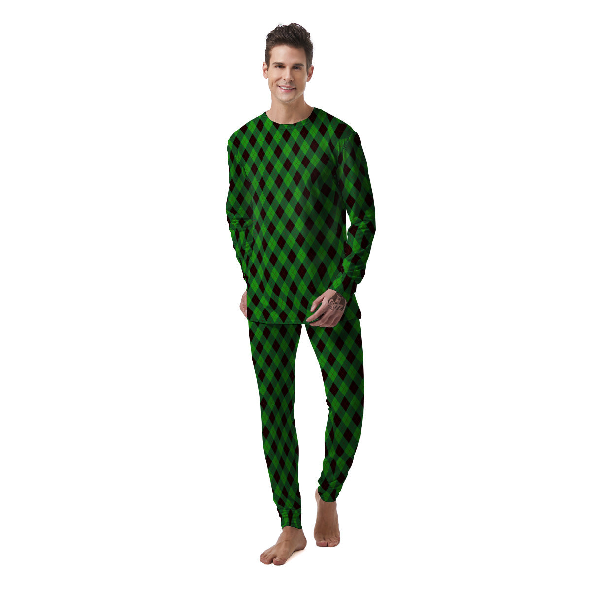 Argyle Green And Black Print Pattern Men's Pajamas-grizzshop