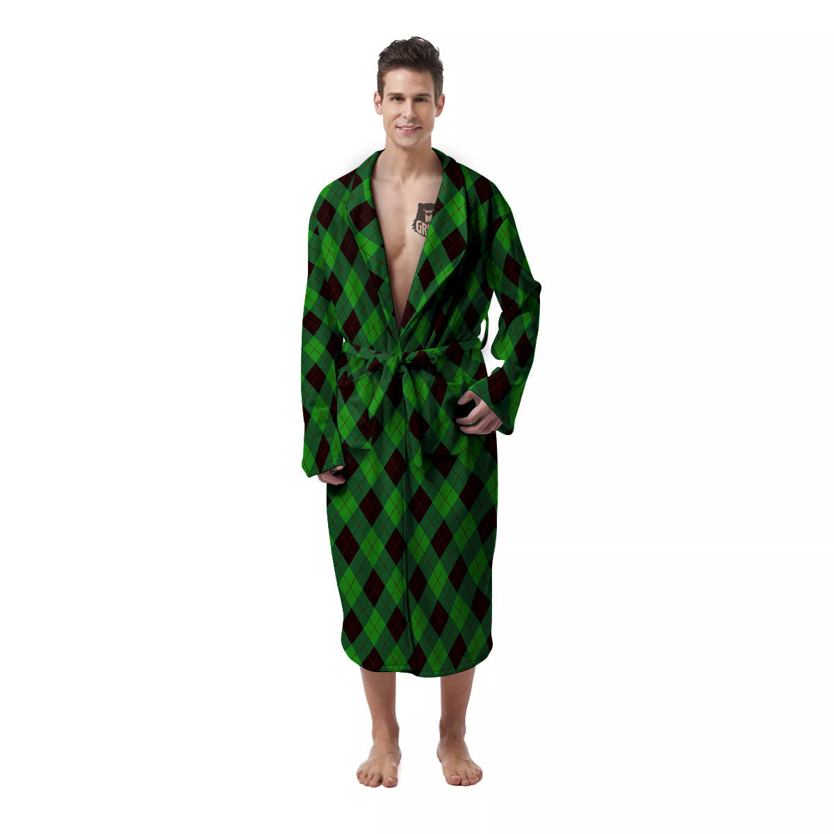 Argyle Green And Black Print Pattern Men's Robe-grizzshop
