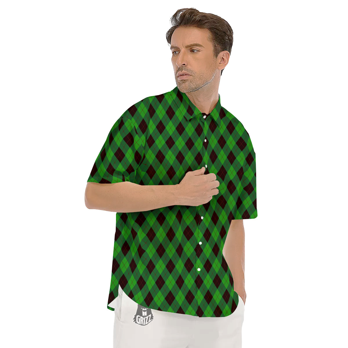 Argyle Green And Black Print Pattern Men's Short Sleeve Shirts-grizzshop