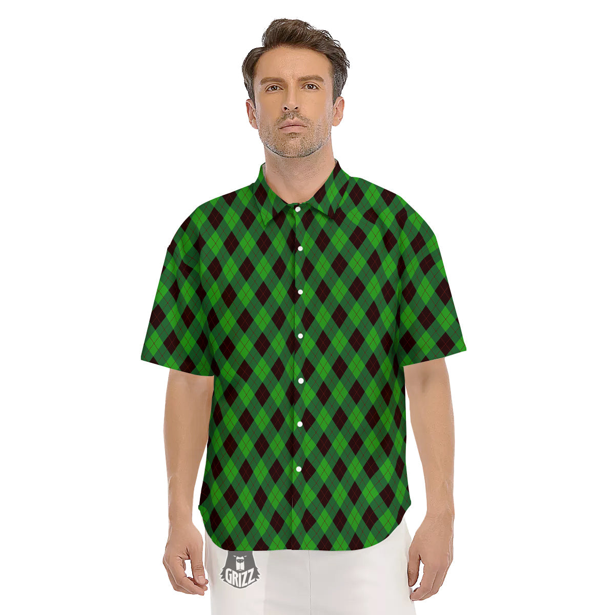 Argyle Green And Black Print Pattern Men's Short Sleeve Shirts-grizzshop