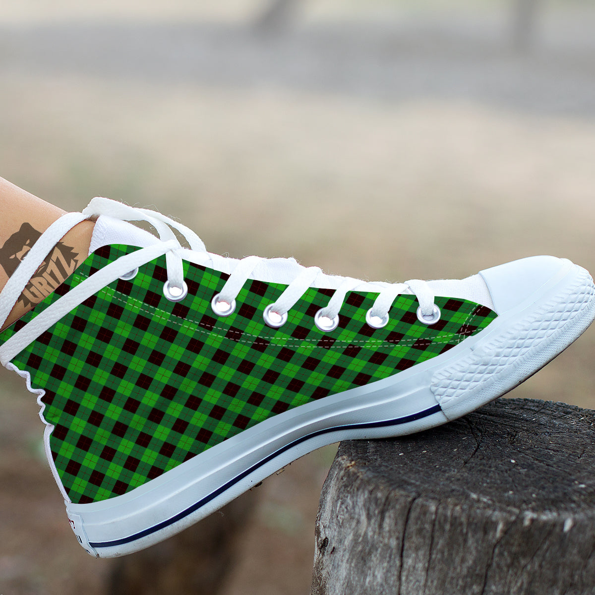 Argyle Green And Black Print Pattern White High Top Shoes-grizzshop