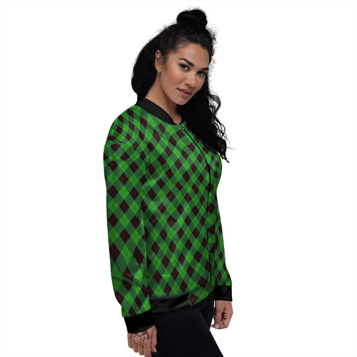Argyle Green And Black Print Pattern Women's Bomber Jacket-grizzshop
