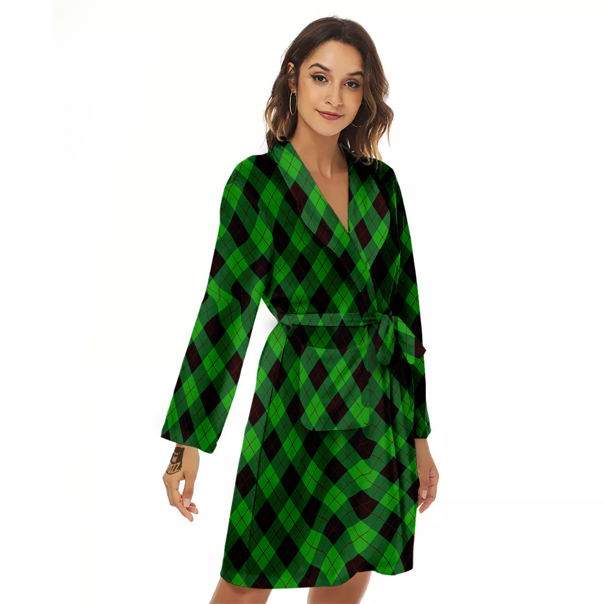 Argyle Green And Black Print Pattern Women's Robe-grizzshop