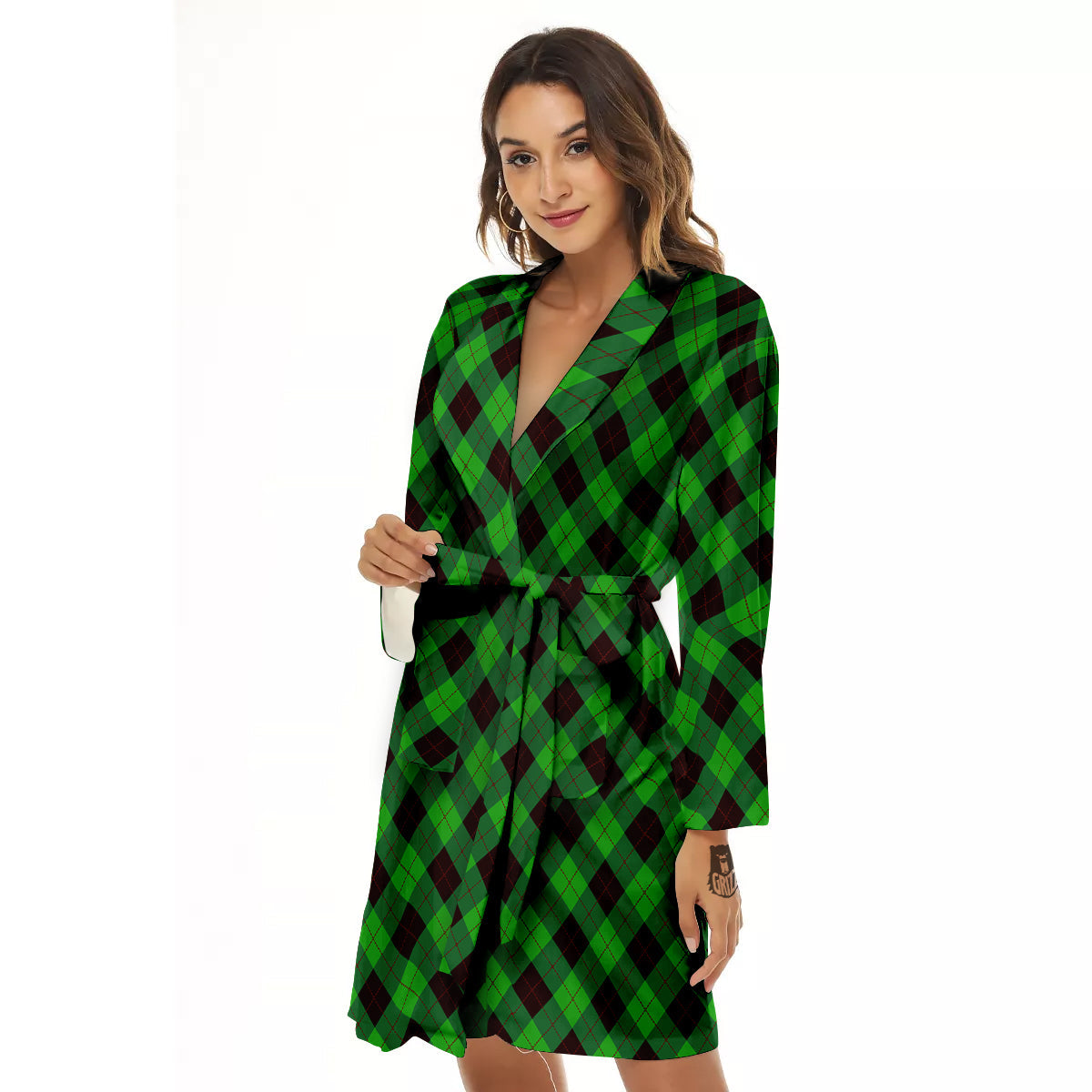 Argyle Green And Black Print Pattern Women's Robe-grizzshop