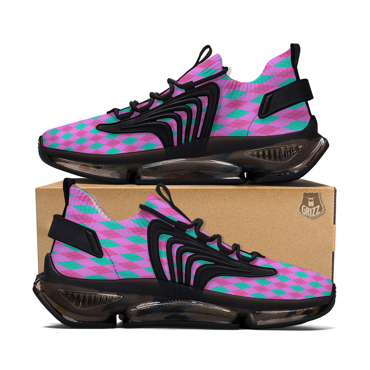 Argyle Green And Pink Print Pattern Black Gym Shoes-grizzshop