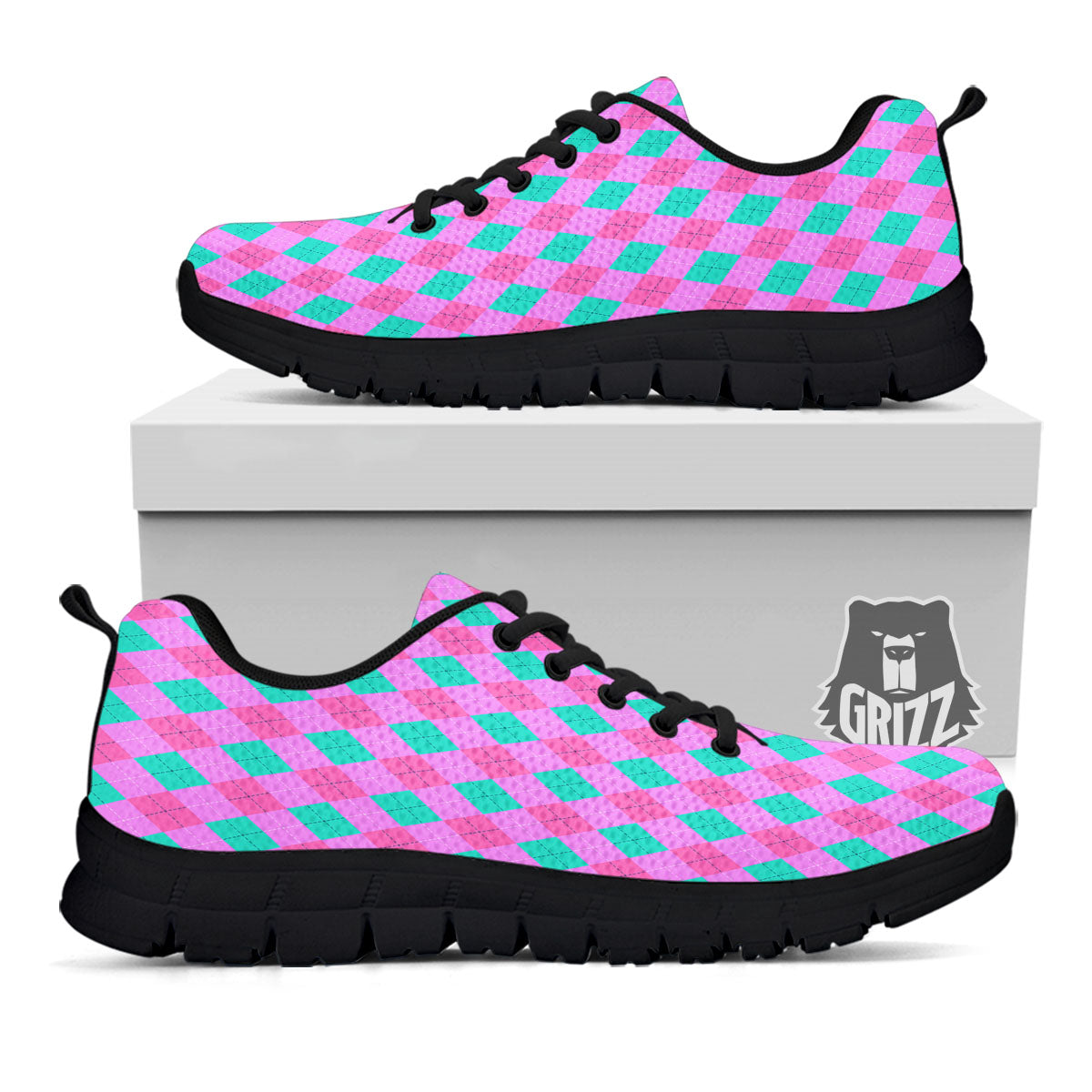 Argyle Green And Pink Print Pattern Black Sneaker-grizzshop