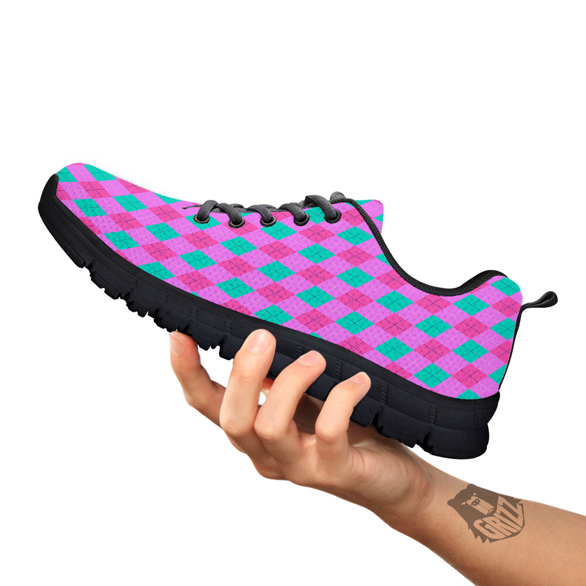 Argyle Green And Pink Print Pattern Black Sneaker-grizzshop