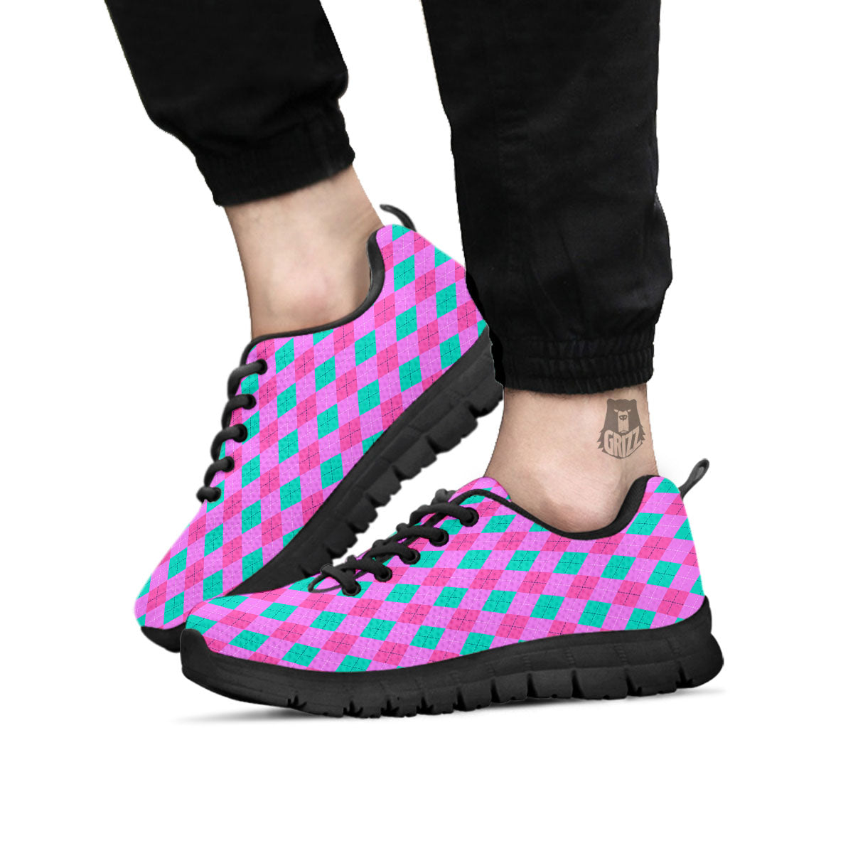 Argyle Green And Pink Print Pattern Black Sneaker-grizzshop