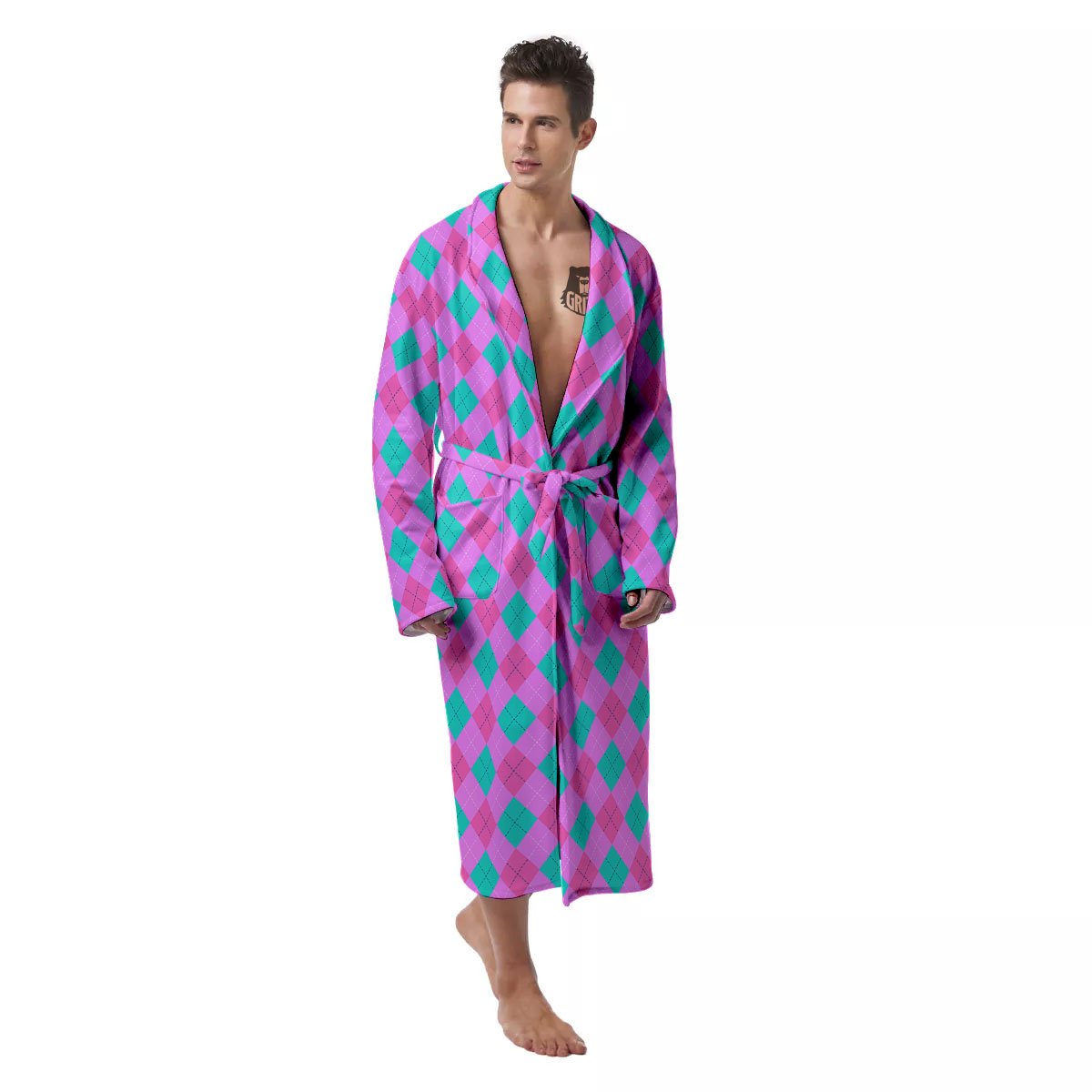 Argyle Green And Pink Print Pattern Men's Robe-grizzshop
