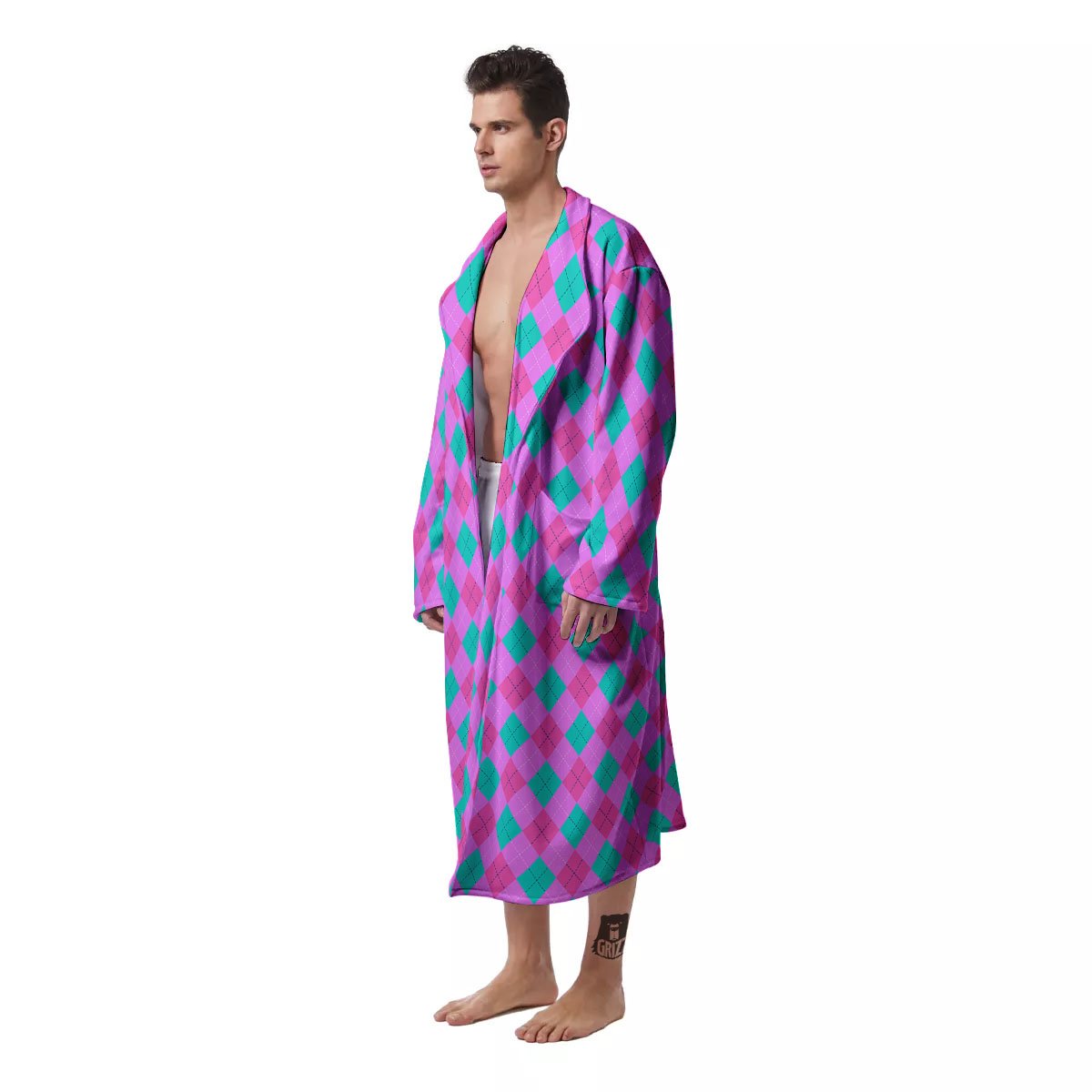 Argyle Green And Pink Print Pattern Men's Robe-grizzshop
