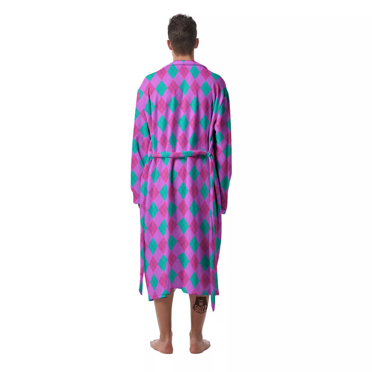 Argyle Green And Pink Print Pattern Men's Robe-grizzshop