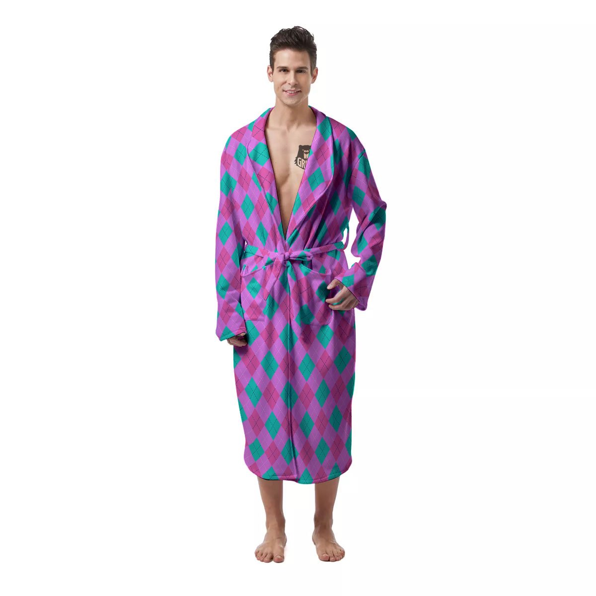Argyle Green And Pink Print Pattern Men's Robe-grizzshop