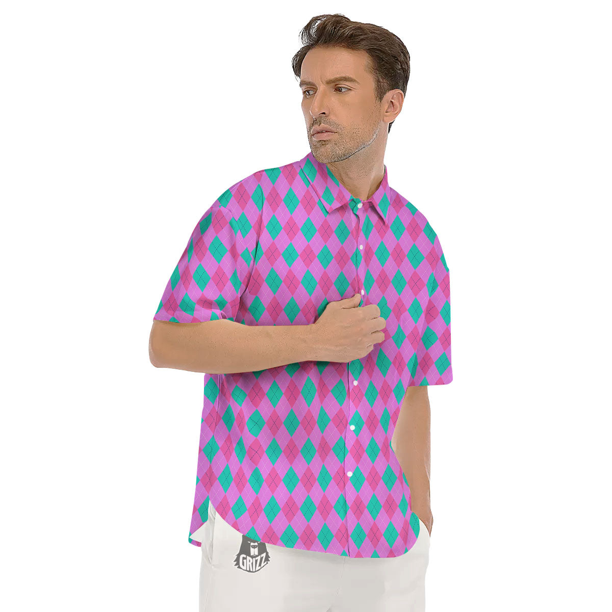 Argyle Green And Pink Print Pattern Men's Short Sleeve Shirts-grizzshop