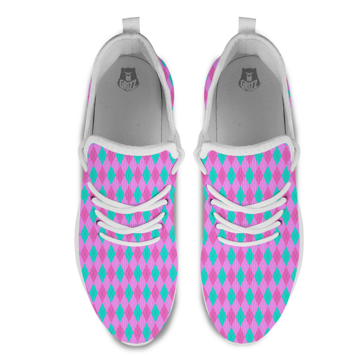 Argyle Green And Pink Print Pattern White Athletic Shoes-grizzshop