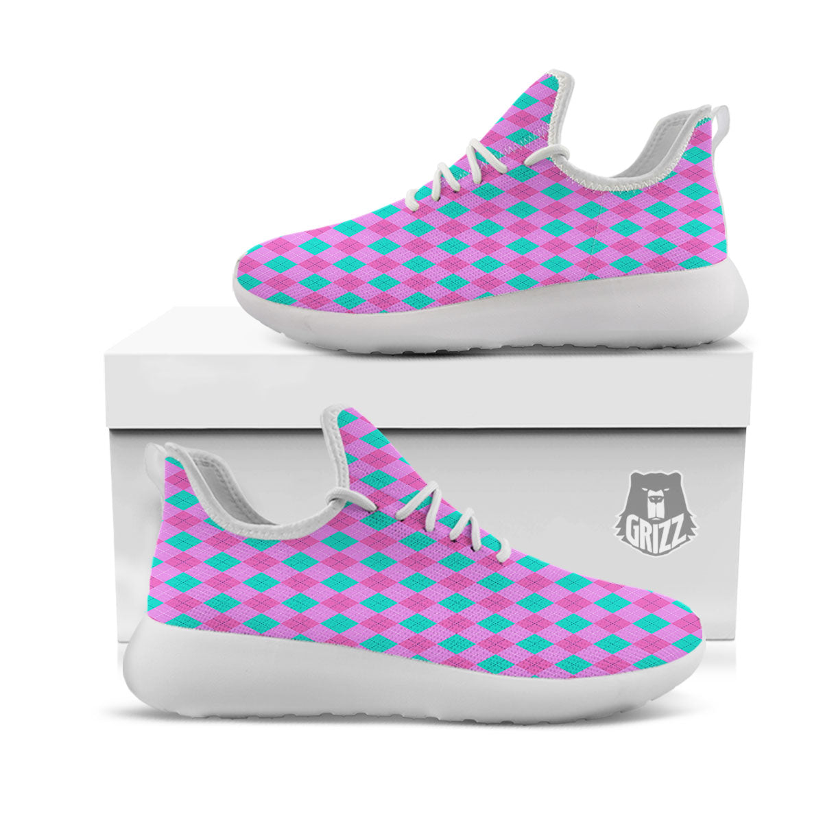 Argyle Green And Pink Print Pattern White Athletic Shoes-grizzshop