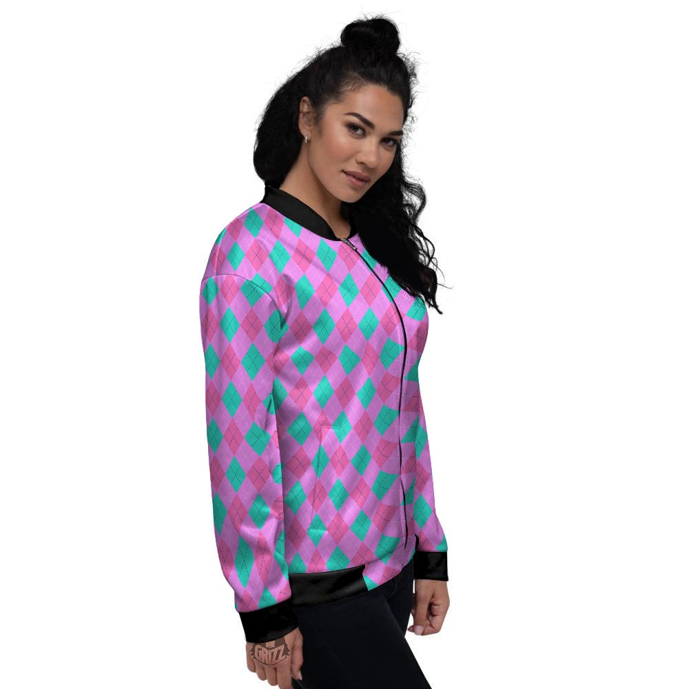Argyle Green And Pink Print Pattern Women's Bomber Jacket-grizzshop