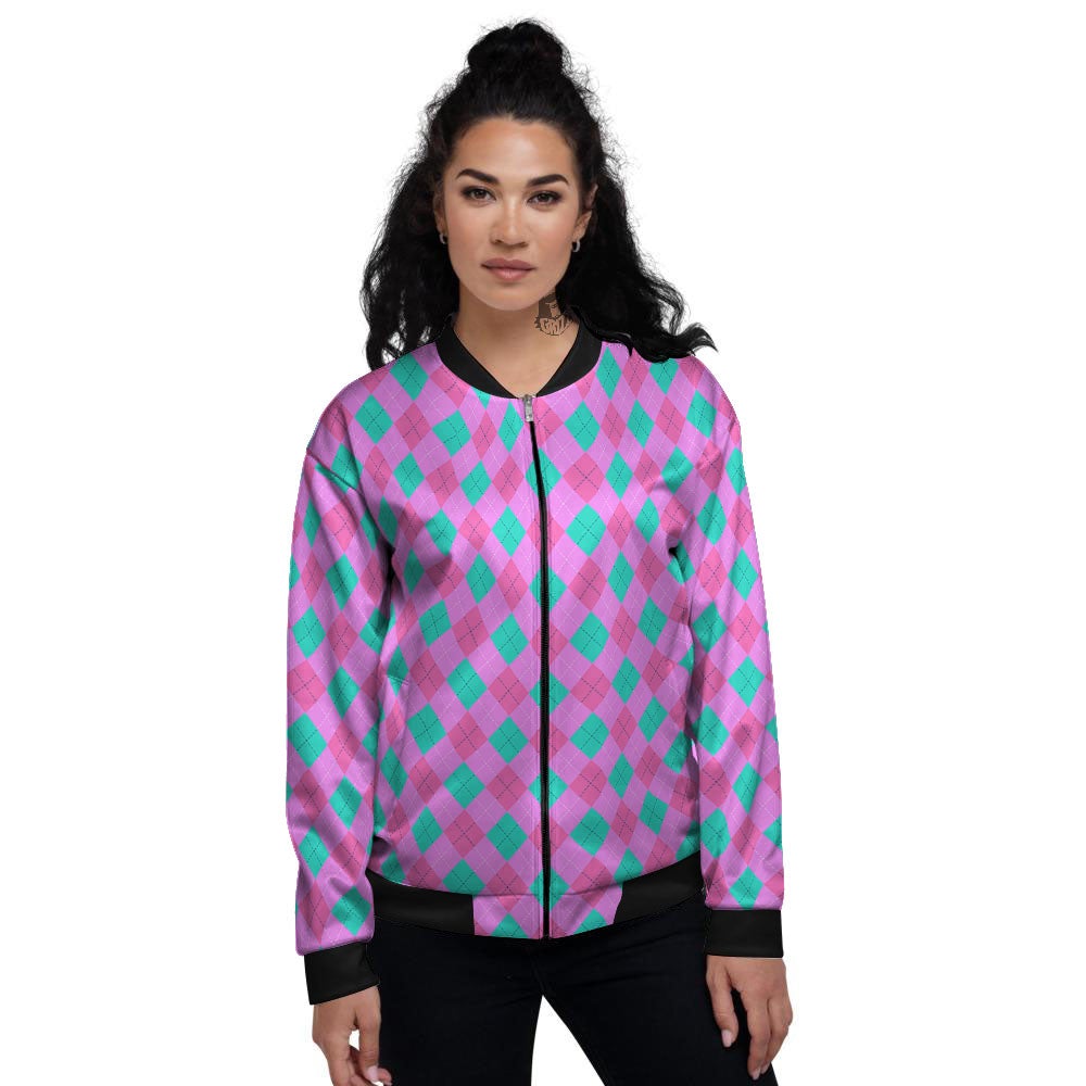 Argyle Green And Pink Print Pattern Women's Bomber Jacket-grizzshop