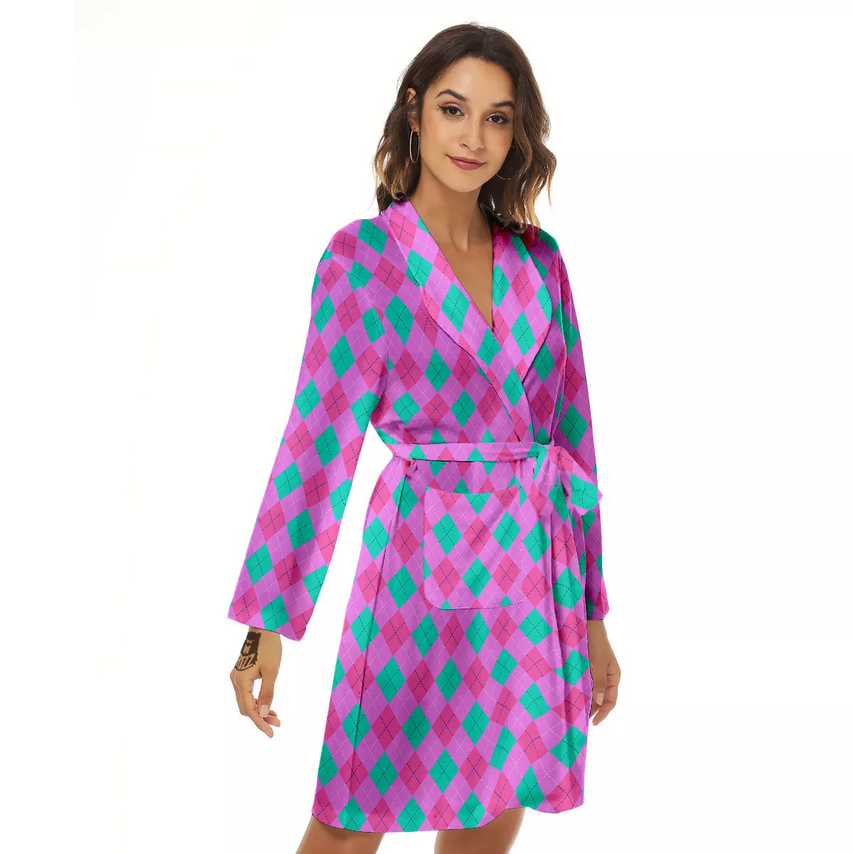 Argyle Green And Pink Print Pattern Women's Robe-grizzshop