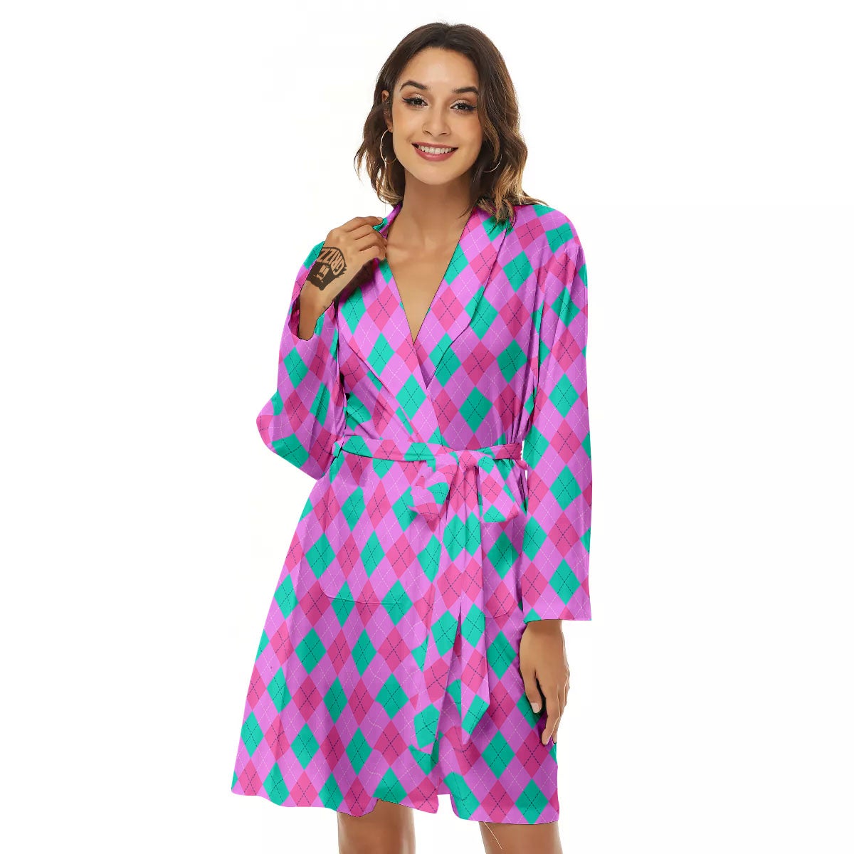 Argyle Green And Pink Print Pattern Women's Robe-grizzshop