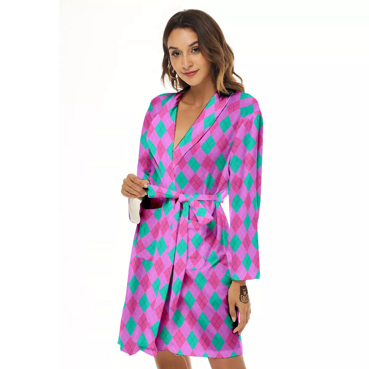 Argyle Green And Pink Print Pattern Women's Robe-grizzshop