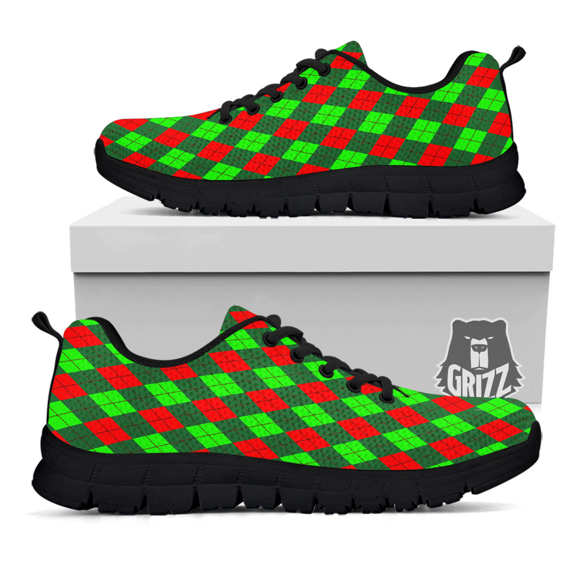 Argyle Green And Red Print Pattern Black Sneaker-grizzshop