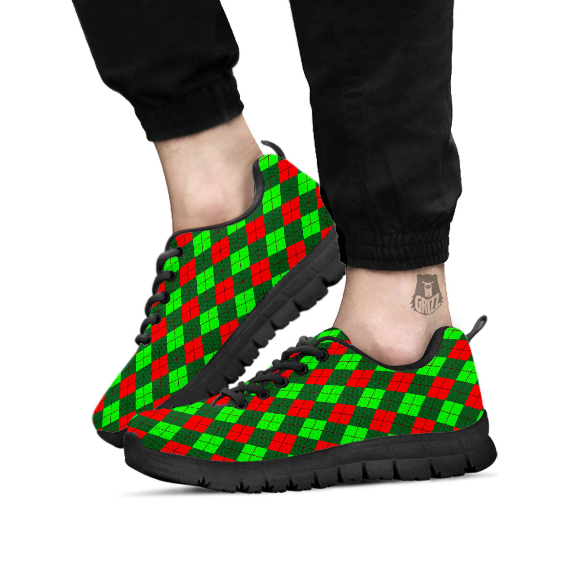 Argyle Green And Red Print Pattern Black Sneaker-grizzshop